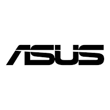Logotipo negro de ASUS en letras mayúsculas estilizadas y en negrita sobre fondo blanco, que representa la calidad del hardware y la fiabilidad.