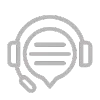 Icono gris de unos auriculares con micrófono rodeando una burbuja de diálogo con tres líneas horizontales, que representa los servicios de atención al cliente o de comunicación.