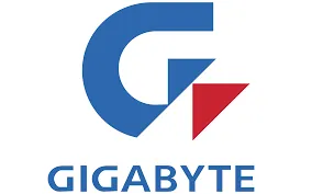 Logotipo de la "G" azul con un triángulo rojo, sobre la palabra "GIGABYTE" en mayúsculas azules sobre fondo blanco, que representa la experiencia en hardware y montaje de equipos.
