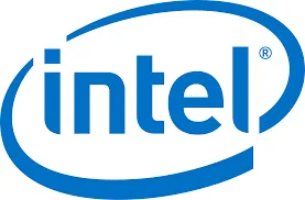El logotipo de Intel muestra la palabra "intel" en minúsculas azules con un remolino ovalado azul rodeando el texto, símbolo de la innovación en hardware y tecnología.