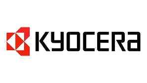 Logotipo de Kyocera con un símbolo geométrico rojo a la izquierda y la palabra "KYOCERA" en negrita negra a la derecha.