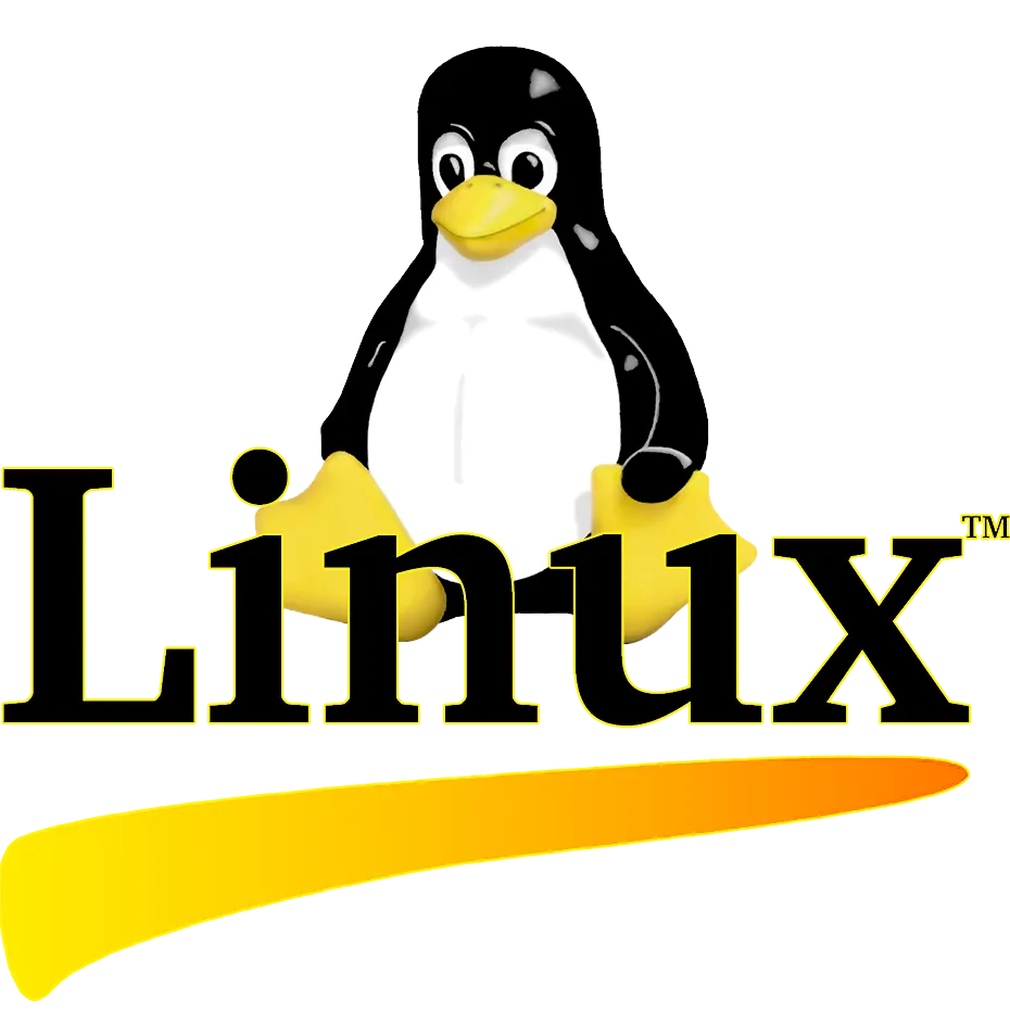 Tux, el pingüino mascota de Linux, aparece sobre la palabra "Linux" en letras amarillas y negras con un swoosh amarillo debajo.