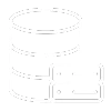 Icono sencillo en blanco y negro de una pila de bases de datos junto a dos unidades de servidor rectangulares, que representa el almacenamiento de datos o la infraestructura de servidores.