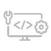 Icono lineal gris de un monitor de ordenador que muestra paréntesis de código, con una cabeza de toro a la izquierda y un engranaje a la derecha, representando codificación o programación.