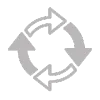 Tres flechas grises dispuestas en un bucle circular, cada una apuntando a la siguiente, representan un ciclo o proceso continuo.