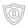 Icono de escudo gris con un ojo de cerradura en el centro, que simboliza seguridad o protección, sobre fondo transparente.