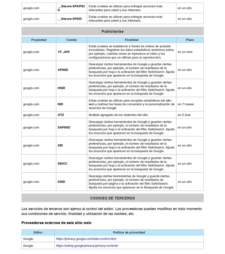 Tabla con el listado de cookies utilizadas por google.com, incluyendo nombres, propósitos y periodos de expiración, con secciones para cookies publicitarias y servicios de terceros.