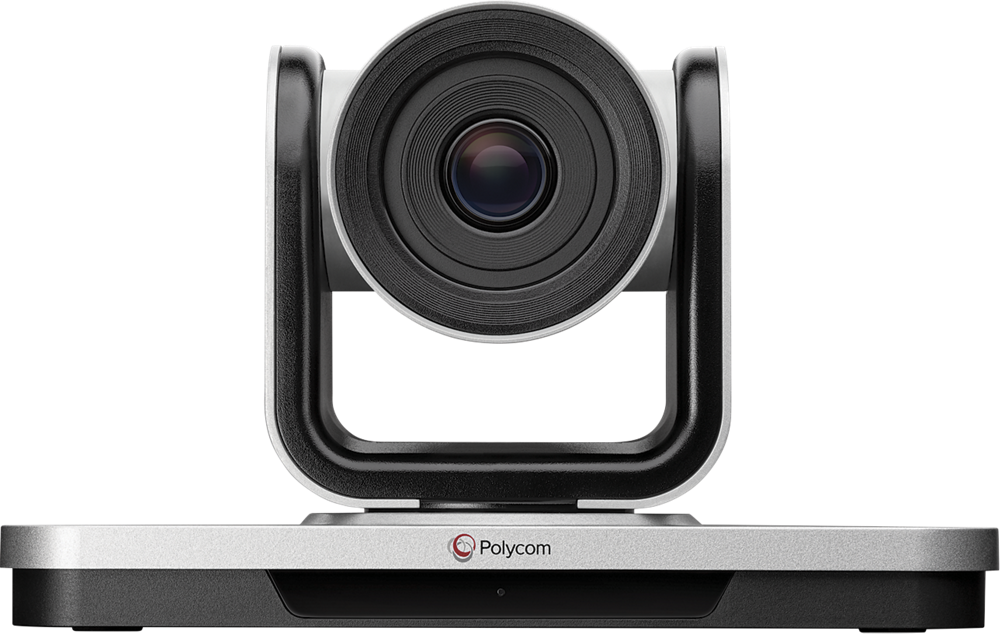 Una cámara de videoconferencia Polycom con una gran lente central, montada sobre una base rectangular plateada y negra, ideal para instalaciones audiovisuales en espacios de reunión modernos.