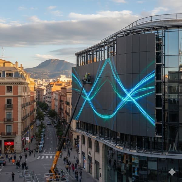 Gran montaje de paneles LCD y video wall en Terrassa en plena rambla.